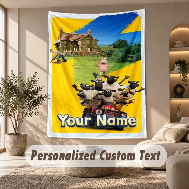 Shaun the Sheep Tapestry, Personalized Custom Text, Wall Hanging Tapestry For Living Room Home Wall Decor