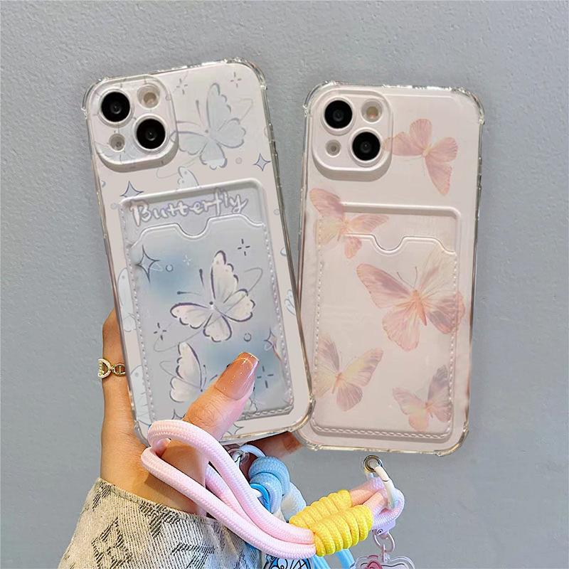 Butterfly Card Holder Pocket With Lanyard Case For Samsung Galaxy S25 Edge S23 S24 S25 Ultra S22 S21 Plus S20 FE Cover Cute Soft