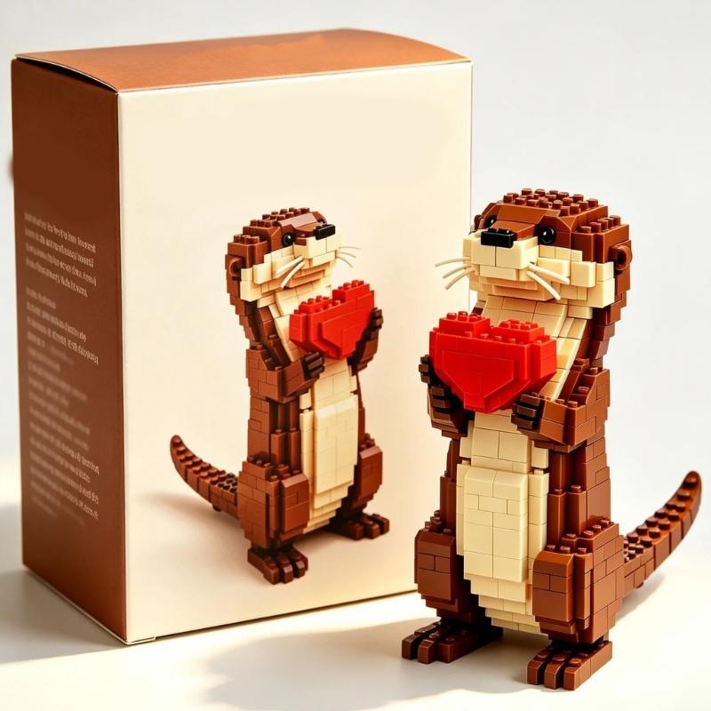 DIY Otters Desk Display Model with Heart Accent, Building Block Animal Figurine Puzzle Toy for Shelf Bedsides Table Home Office Decors Piece