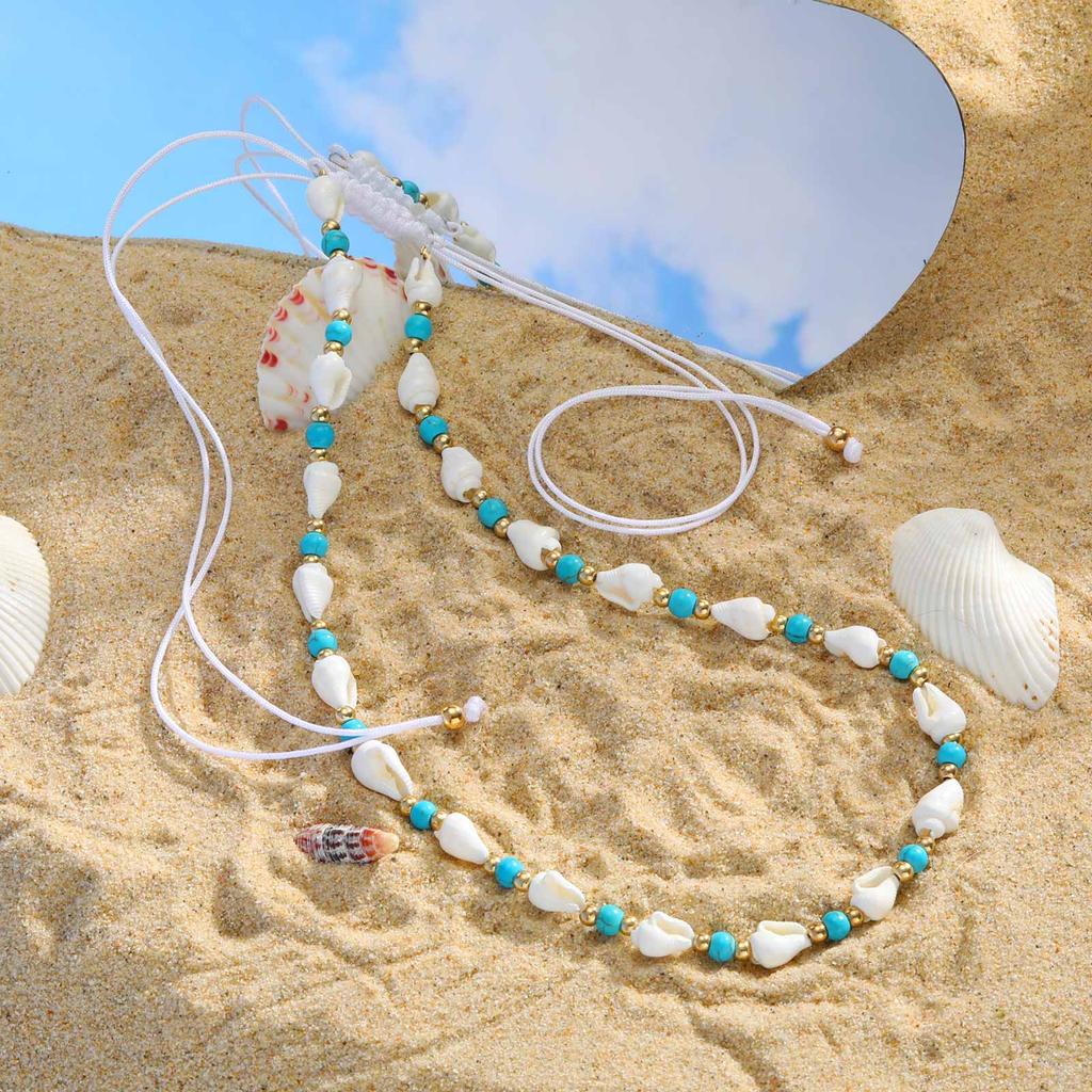 Ocean Style Shell Beads Chain Necklace for Women, Handmade Braided Adjustable Necklace, Stainless Steel Summer Beach Jewelry