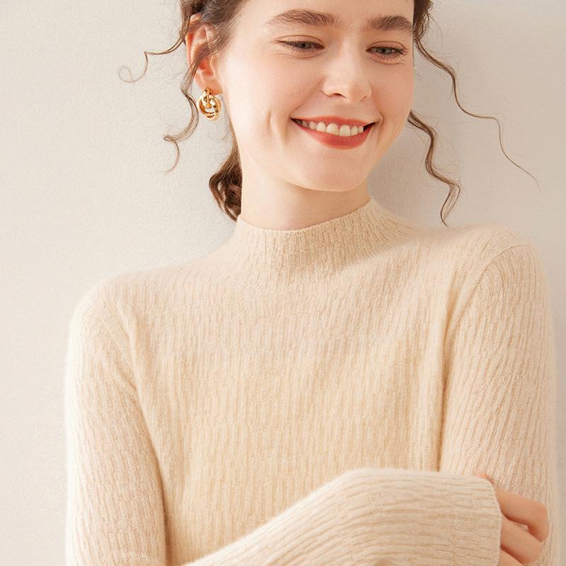 Women's Soft Cashmere Lychee-Pattern Knit Sweater - Half-High Collar, Slim-Fit, Perfect for Autumn and Winter Layers