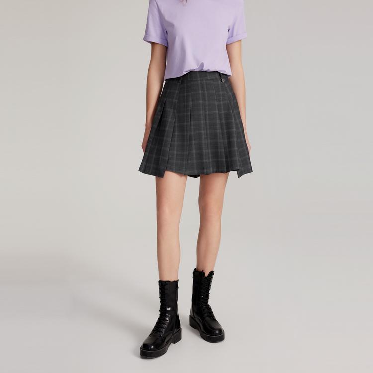 ELLE French Design Hollow Slim Simple Thin Plaid Pleated Casual Skirt Women skirts Gray ER47595