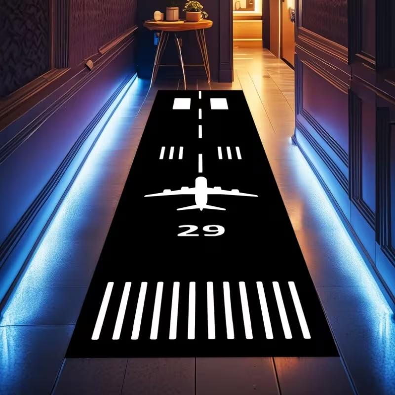 Aviation Runway Pattern Long Runner Rug Non Slip Hallway Entryway Carpet Soft Wear Resistant Kids Playroom Decor Mat