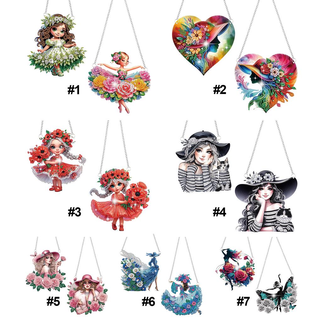 2Pcs Girl 2D Flat DIY Hanging Diamond Art Kits Special Shape Rhinestone Diamond Art Window Pendants Home Wall Decoration Crafts