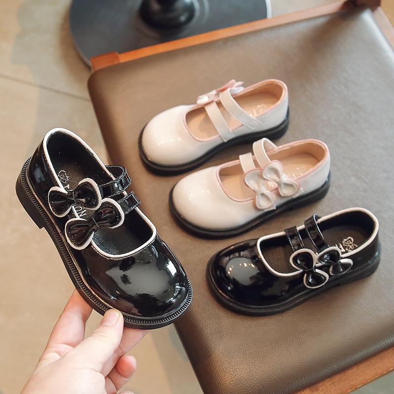 2024 Dziecięce mokasyny z okrągłym noskiem, płytkie, pasujące do wszystkiego, z kokardą, podwójne zapięcie na rzep, modne buty skórzane dla dzieci, słodkie księżniczki