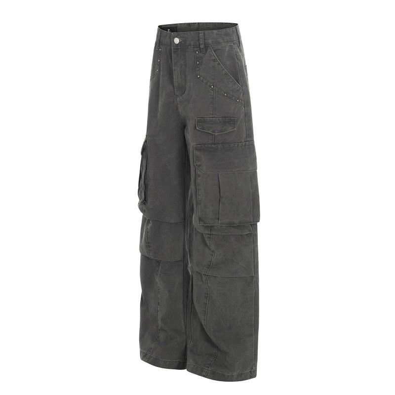 Mens High Street Hip Hop Cargo Pants Loose Straight Leg Multi-Pocket Rivet Denim Jeans Casual Streetwear