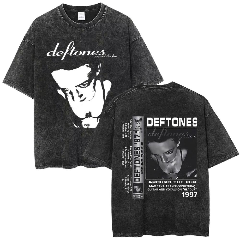Washed Vintage Rock Band Deftones Cat Graphic Tshirts Men Alternative Heavy Metal Short Sleeve T Shirts Male Retro Streetwear