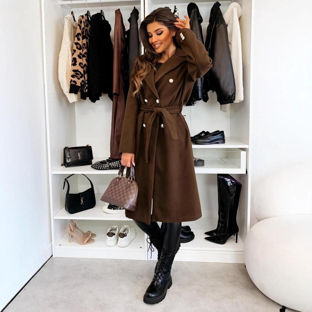 Women's 2024 Winter Fashion Double-Breasted Tie Wool Coat