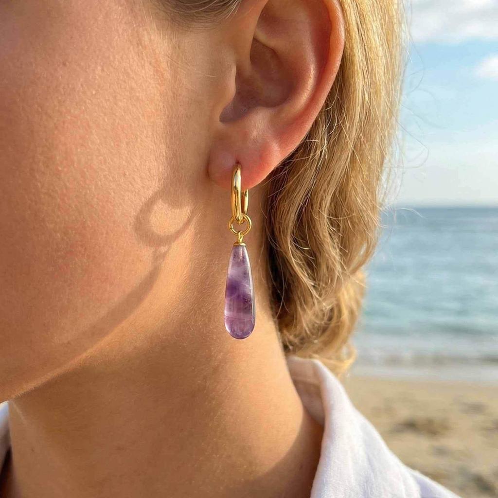 Women's Amethyst Teardrop & Tiger Eye Malachite Gold Earrings