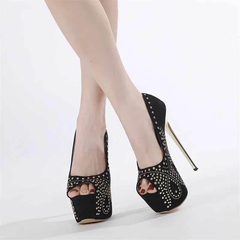 Fashion Black Rivet Design Ultra High Heel Women Pumps Sexy Peep Toe Thin High Heels Platform Stiletto High Heels Nightclub Dress Shoes