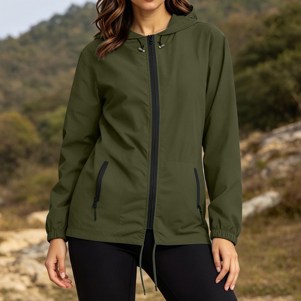 Women's Plus Size Lightweight Hooded Jacket Long Sleeve Zip Up Foldable Windbreaker with Storage Bag Outdoor Casual Coat
