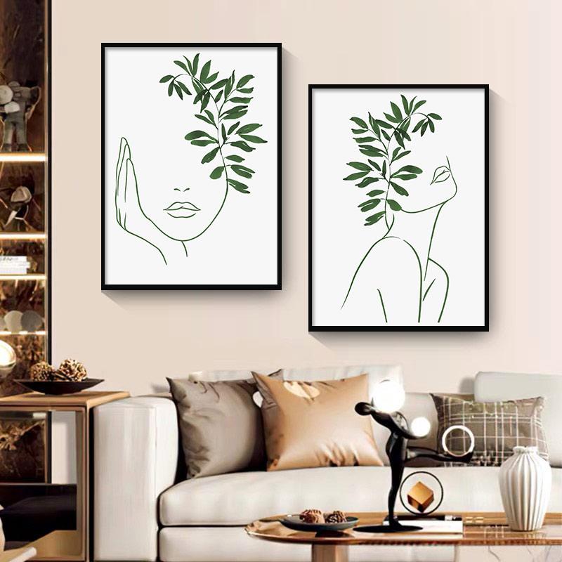 Abstract Line Girl Face Monstera Leaf Green Arched Nordic Posters And Prints Art Canvas Painting Wall Pictures Living Room Decor