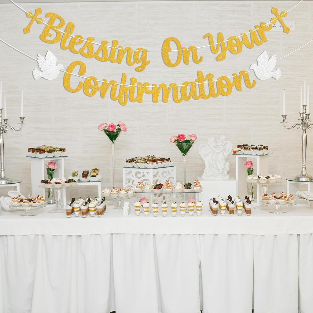 Blessing On Your Confirmation Banner - First Communion, My Baptism, Enagegment/Christening/Baby Shower/Wedding Party Decorations Gold Glitter