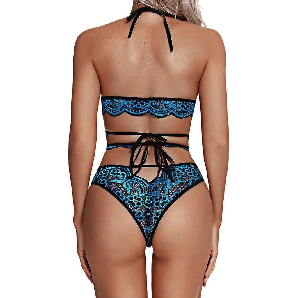 Damen Sexy Dessous Set Bestickter Spitzen-BH und Tanga Dessous Mesh Sheer Sexy