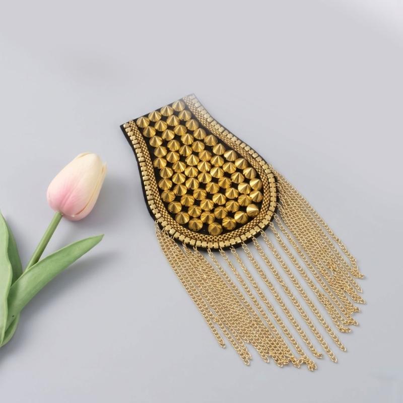 Sew-On Epaulette Shoulder Bar Accessory with Rivet Studs and Layered Metal Chain for Punk Theme Clothing Enhancement
