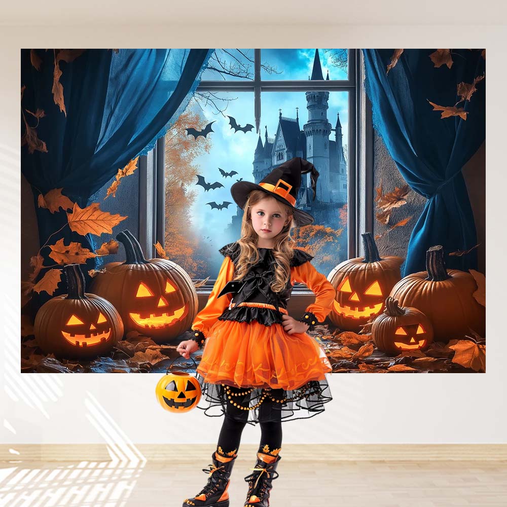 Halloween Backdrop for Photography Fall Pumpkin Party Backgrounds Autumn Leaf Bat Home Window Castle Decorations Banner
