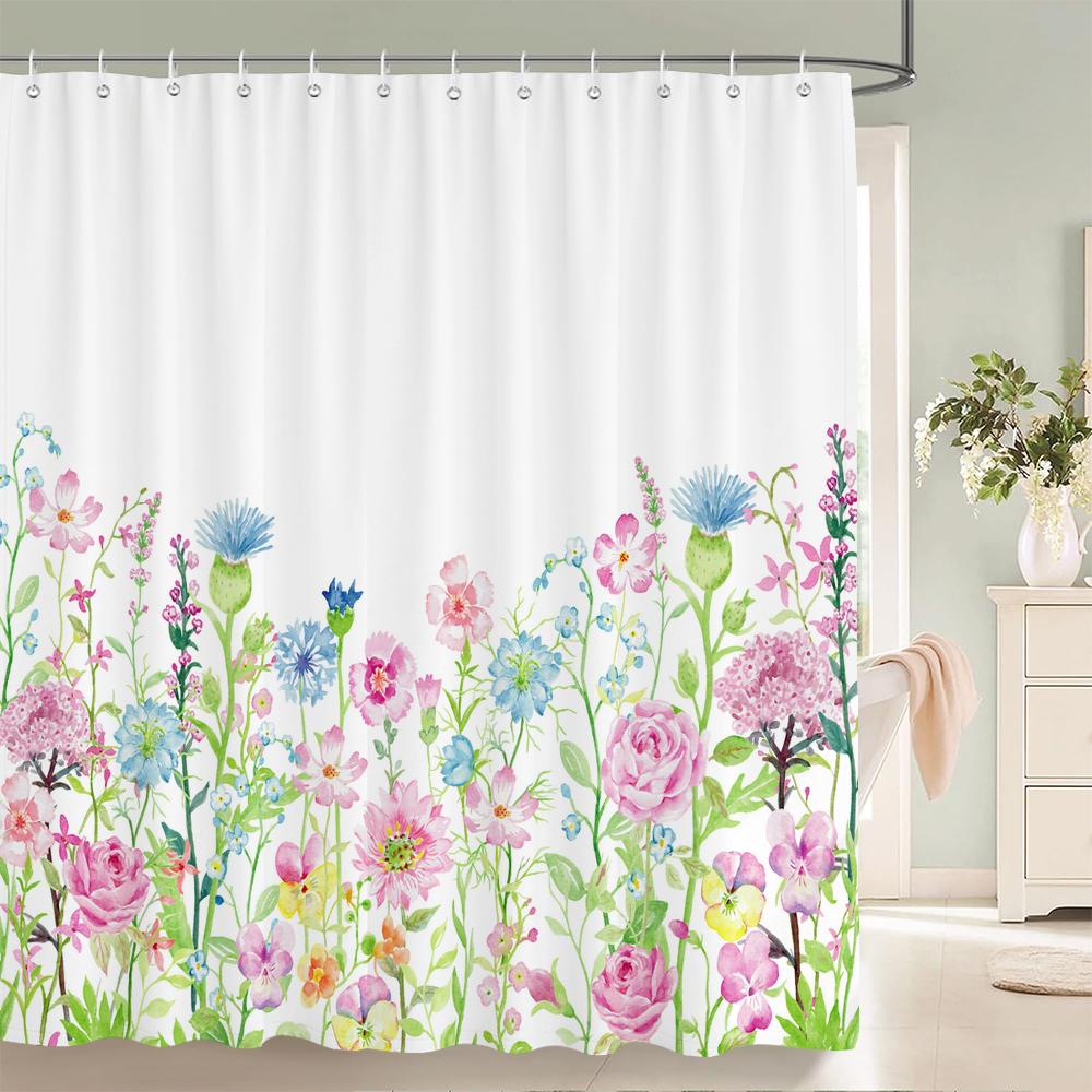 Flowers Butterfly Pattern Shower Curtains Bathroom Curtains Waterproof Polyester Bath Curtain with 12 Hooks Shower Curtain