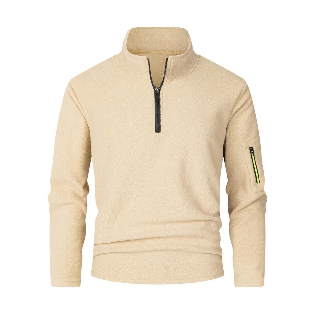 European and American Loose Solid Color Simple Sweatshirt Autumn Warm Stand Collar Zipper Thick Fleece Pullover Men's Top