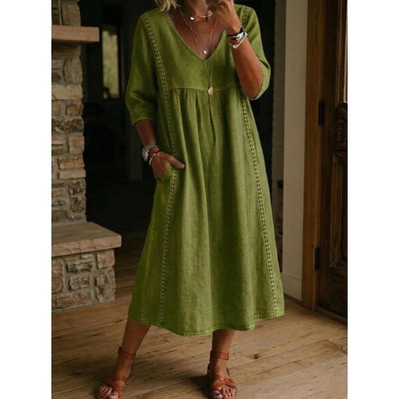 Women's V Neck Three Quarter Sleeve Loose Fit Lace Spliced Linen Blend Midi Dress Solid Color Casual Vacation Daily Wear Long Sundress