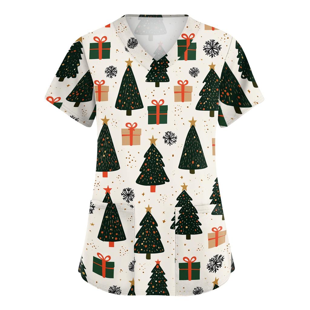 Women's Christmas Print V-Neck Short Sleeve Work Top with Pockets and Side Slits