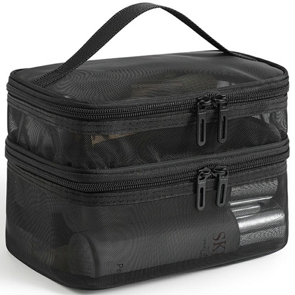 Double Layer Zipper Mesh Toiletry Bag Portable Travel Nylon Makeup Cosmetics Storage Organizer