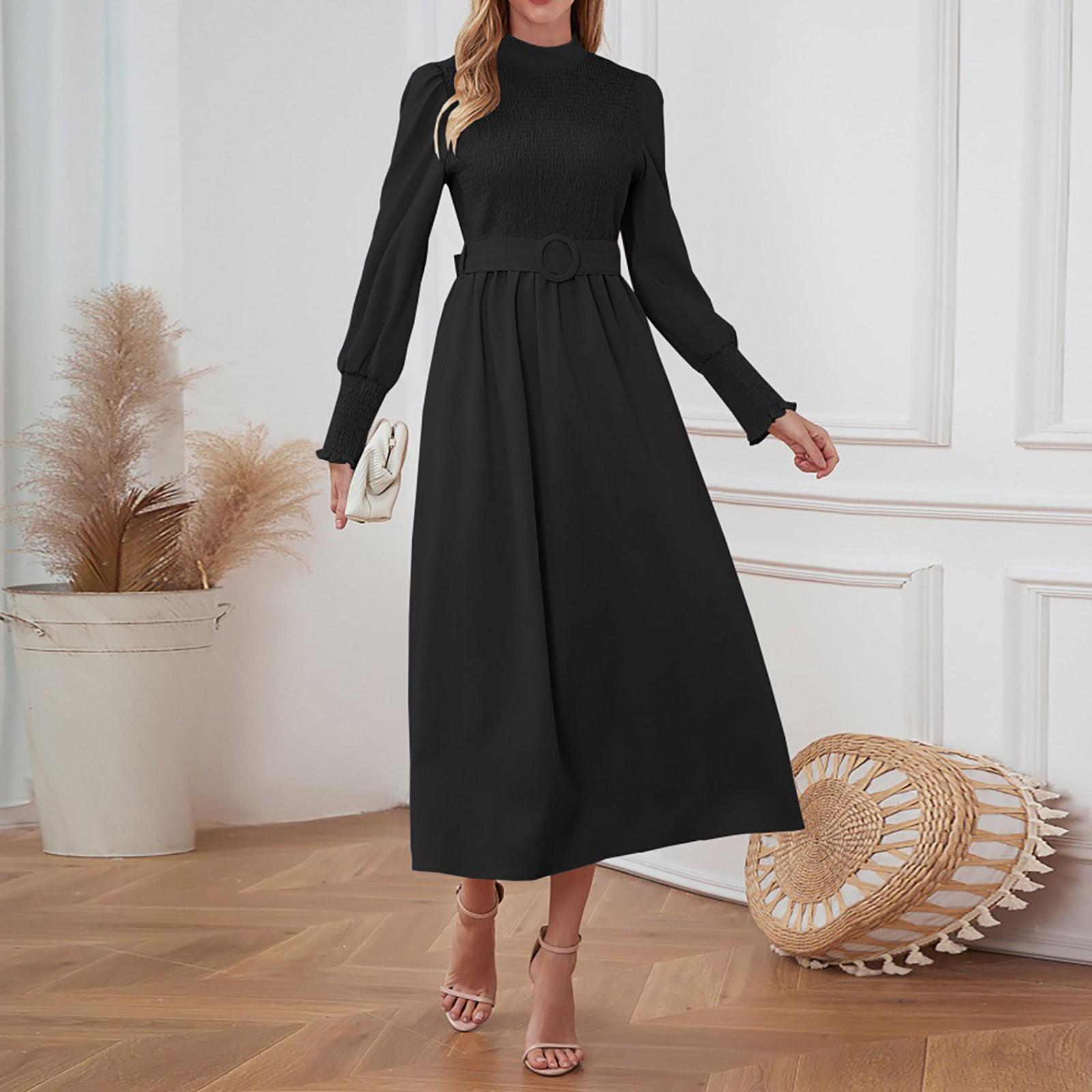 

Женское сплошное цветное высокое круглое большое свободное платье с длинными рукавами, облегающее длинное платье S чёрный