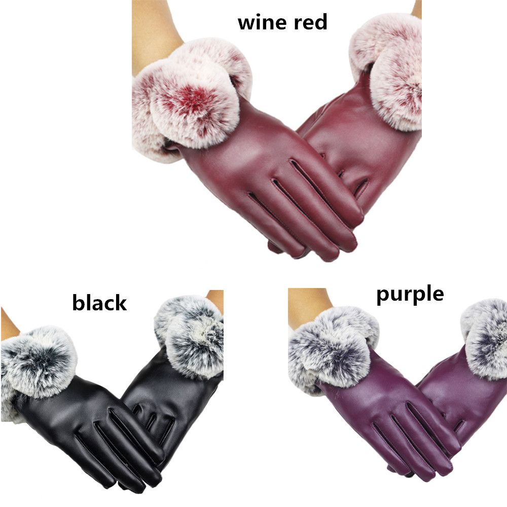 Plus Velvet Waterproof Windproof Touch Screen Mittens Faux Fur Gloves Cashmere Gloves PU Leather