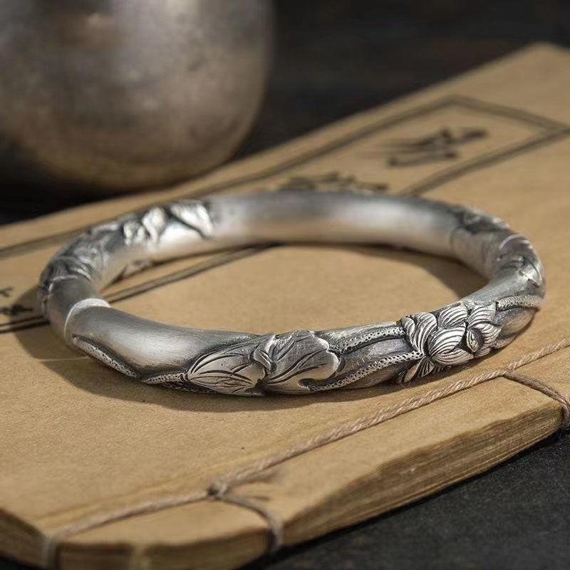 Brățară Lotus Argint Embosat cu Deschidere, Brățară Stil Etnic pentru Femei, Brățară Retro Solidă Rotundă, Temperament