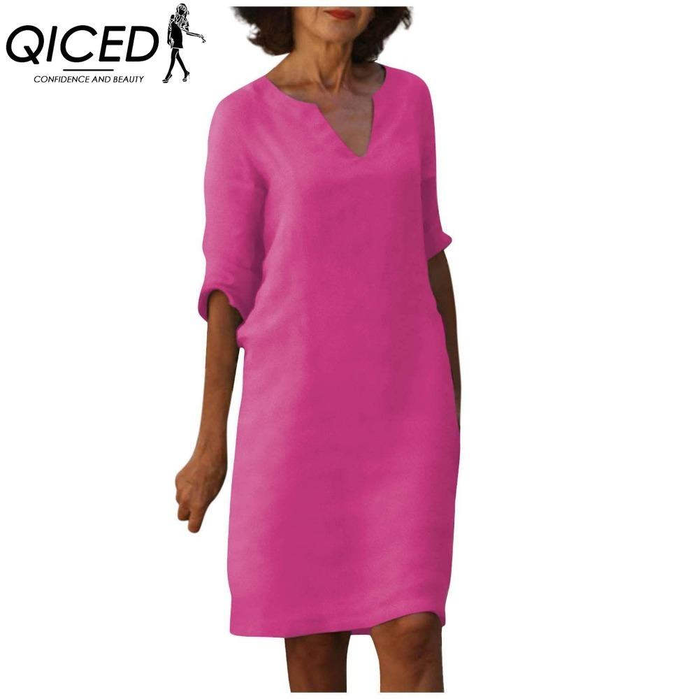 QICED Women Summer Solid Color Cotton Linen Retro V-Neck Short Sleeve Dress Lightweight Breathable Dress