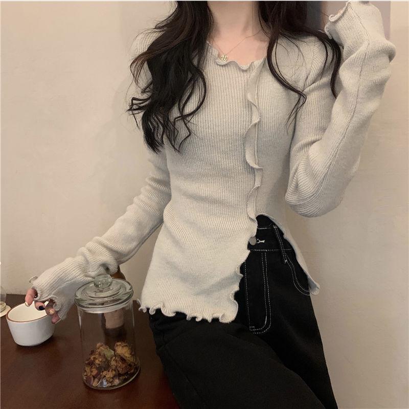 Asymmetric Long Sleeve Top Knit Base Layer for Women Autumn Thin Slim Fit Short Split Inner Wear Hot Girl Top