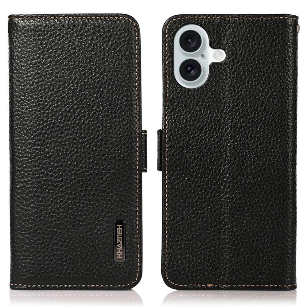 

KHAZNEH for iPhone 17 Phone Case RFID Blocking Wallet Litchi Texture Genuine Cow Leather Cover Black