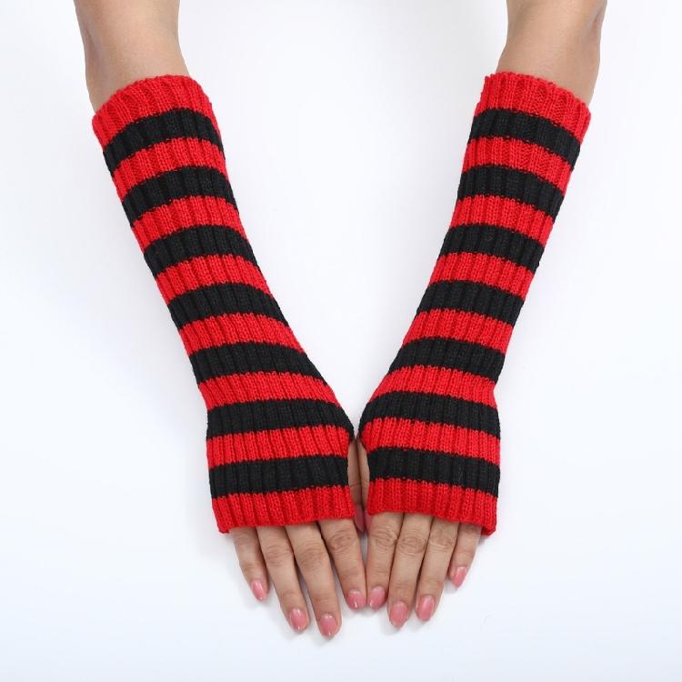 Teenagers Winter Half Finger Mitten Stripe Pattern Knit Keep Warm Lengthen Wrist