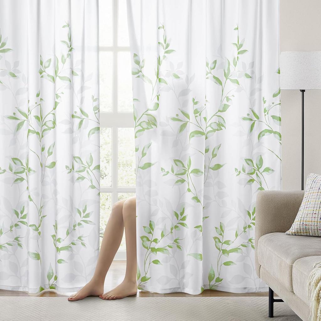 Green and White Privacy Sheer Curtains Length 2 Panels,Leaf Floral Printed Light Filtering Semi Sheer Window Curtains Drapes for