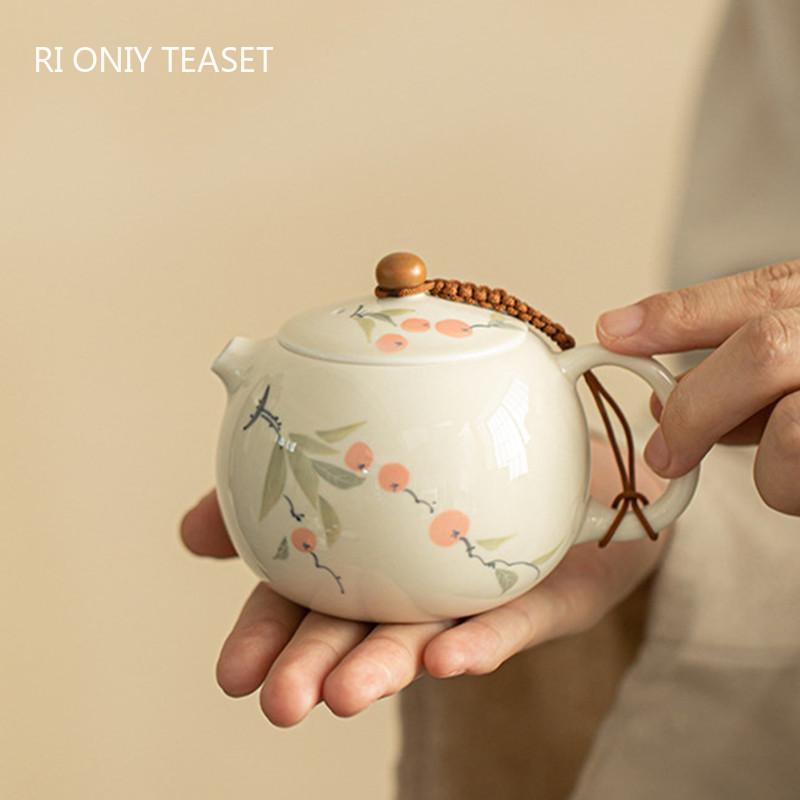 160ml Chinese Ceramic Xishi Teapots Handmade Persimmon Pattern Porcelain Tea Pot Ball Hole Filter Kettle Travel Portable Teaware