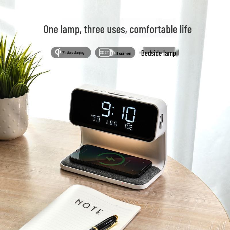 10W Wireless Charging Bedside Lamp with Alarm Clock & Three-Level Dimming Night Light