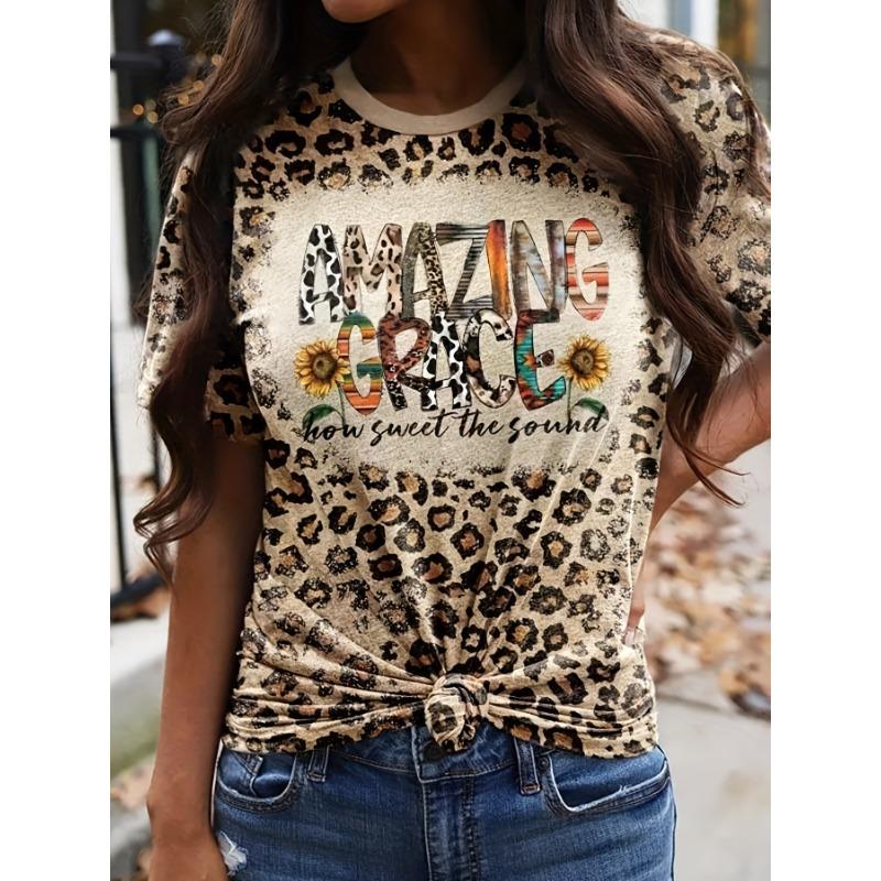 

Summer letter printed leopard print spotted pattern, loose round neck short sleeved T-shirt S