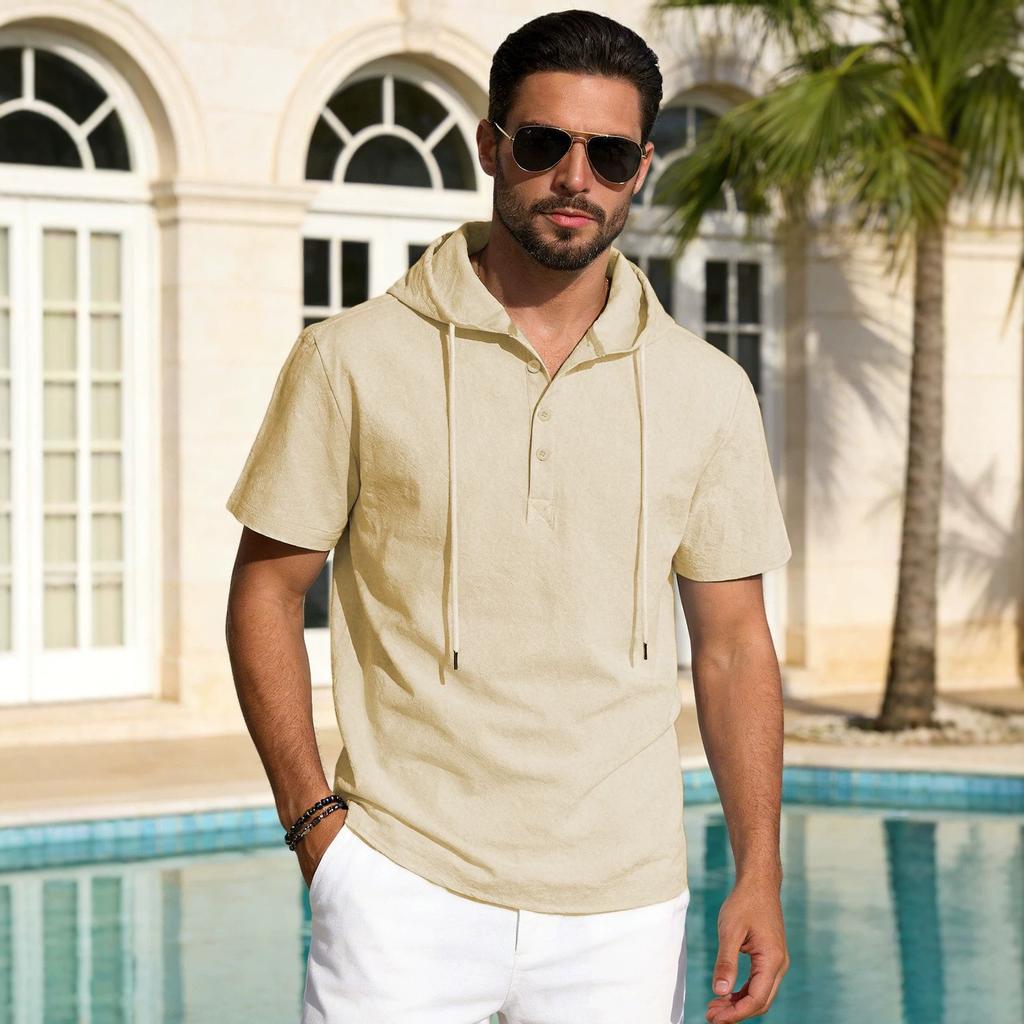 Men's Linen Short Sleeve T-Shirt Beach Casual Hooded Shirt Pure Color Shirt Comfortable Lightweight Breathable Summer Top