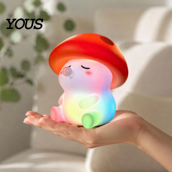 Rechargeable Bedside Lamp with USB Mushroom Night Light, Squishy Silicone Touch Nursery Lamp, Warm White & RGB Color?Changing Colorful 2 Light