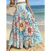 Retro Bohemian Blue And Golden Swirl Print Label Skirt, Fabric All-Season Wear, Ideal for Beach Vacations