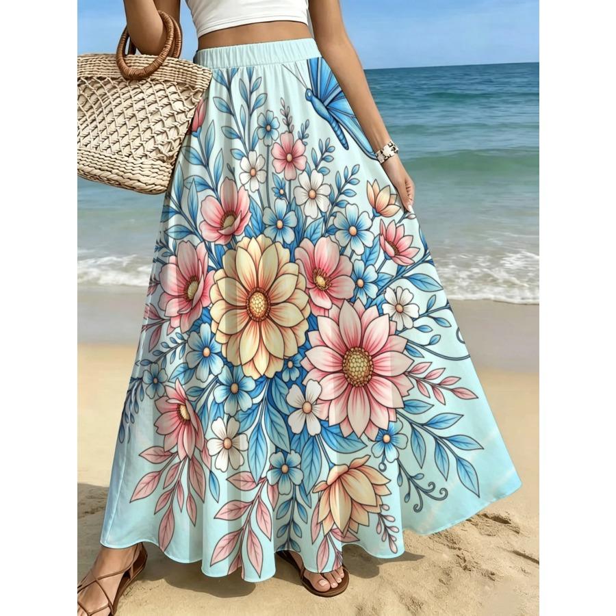 Retro Bohemian Blue And Golden Swirl Print Label Skirt, Fabric All-Season Wear, Ideal for Beach Vacations