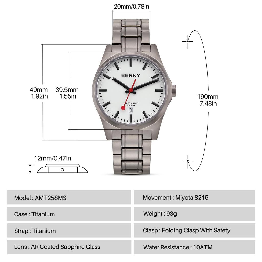BERNY Titanium Mechanical Automatic Railroad 100M Water with AR Sapphire Crystal Watch, Watch, Watch, Resistant, Calendar,