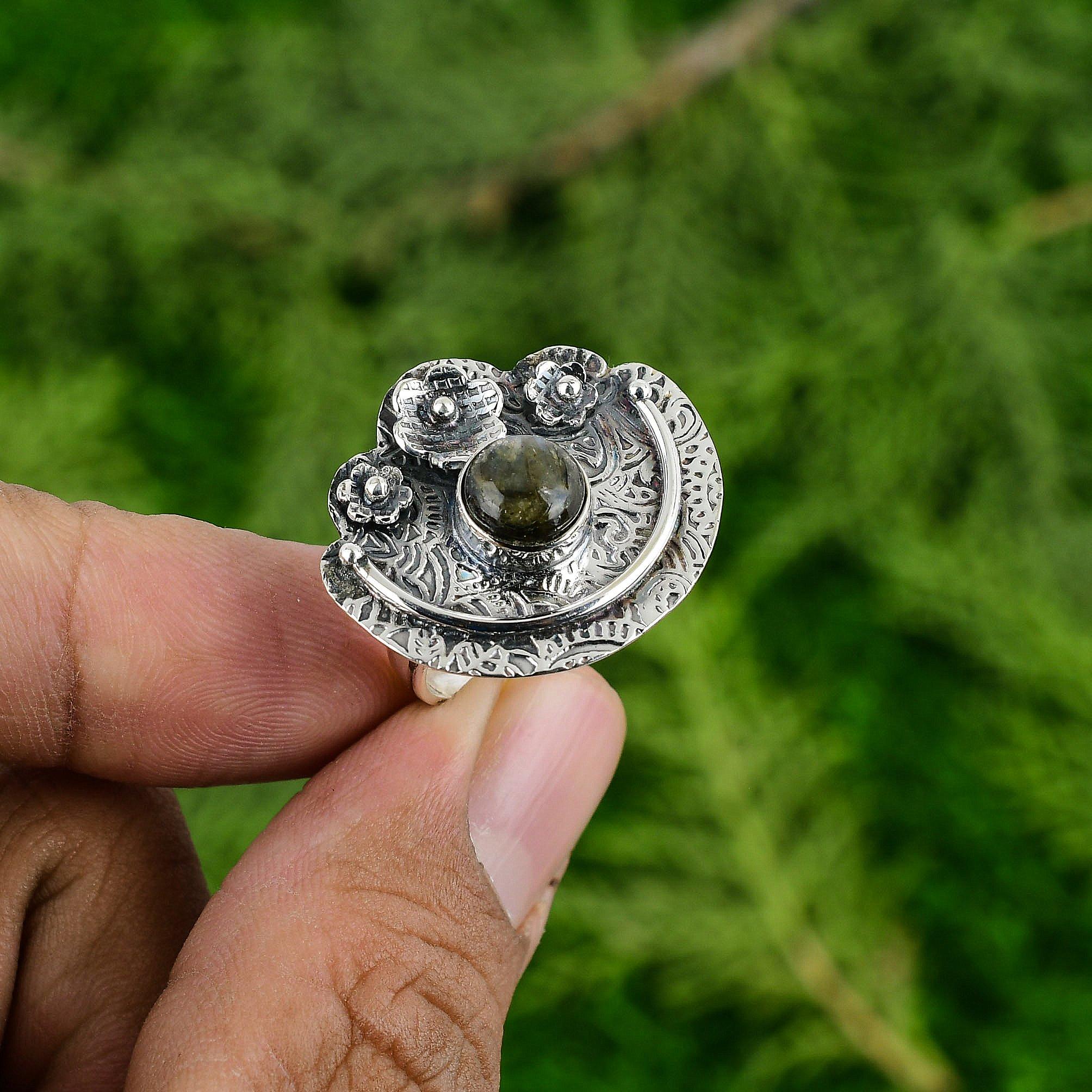 

Natural Labradorite Gemstone Promise Flower Adjustable Ring 925 Silver For Girls Adjustable