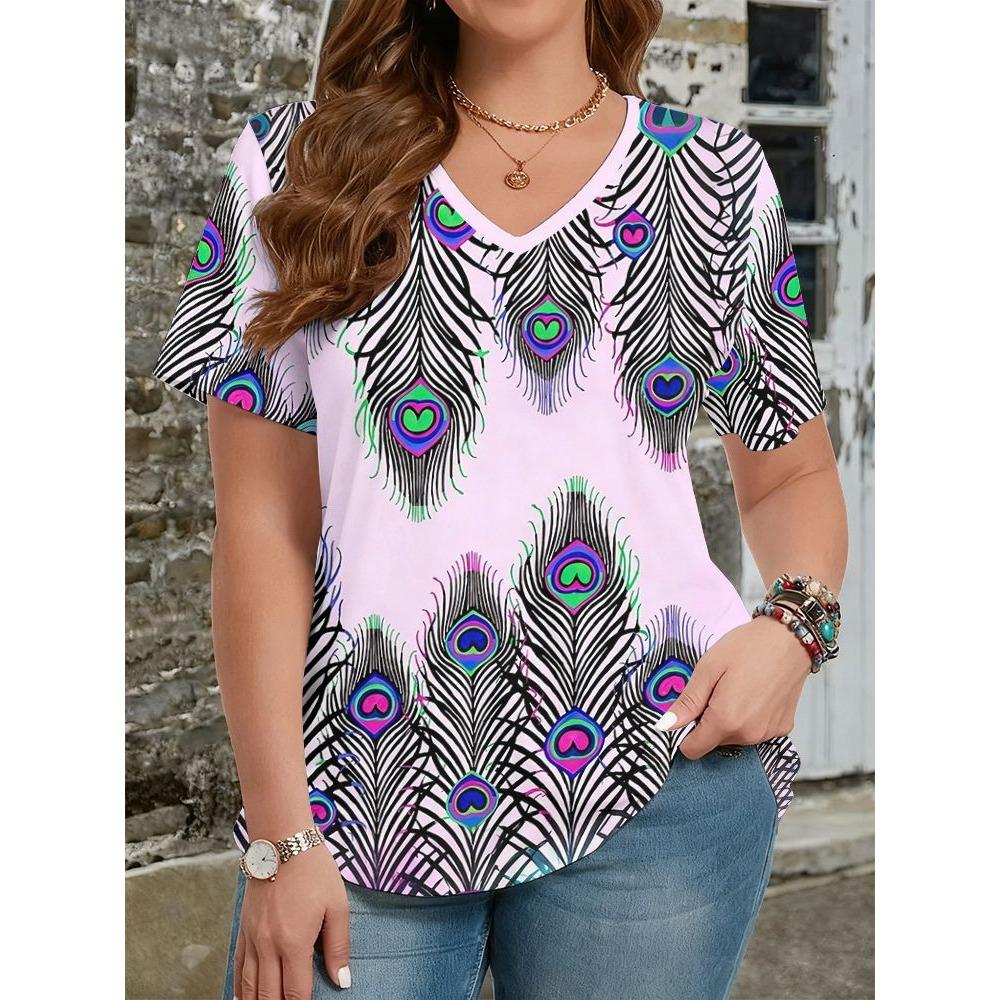 Summer Ethnic Style Floral 3D Print T-Shirts Women's V-Neck Short Sleeve T Shirt Y2k Harajuku Tees Casual Tops Female Clothing