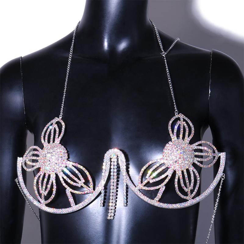 Stonefans Blumen BH Kette Halterung Brust Körperschmuck für Frauen Strass Sexy Bikini 2022 String Badeanzug Top Harness Quaste