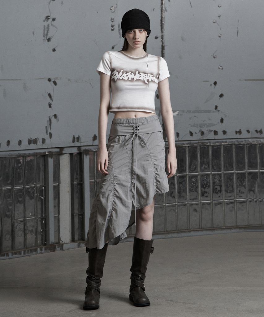 Jenyujeu Lace-Up Asymmetrical Wave Puckering Skirt - Light Gray