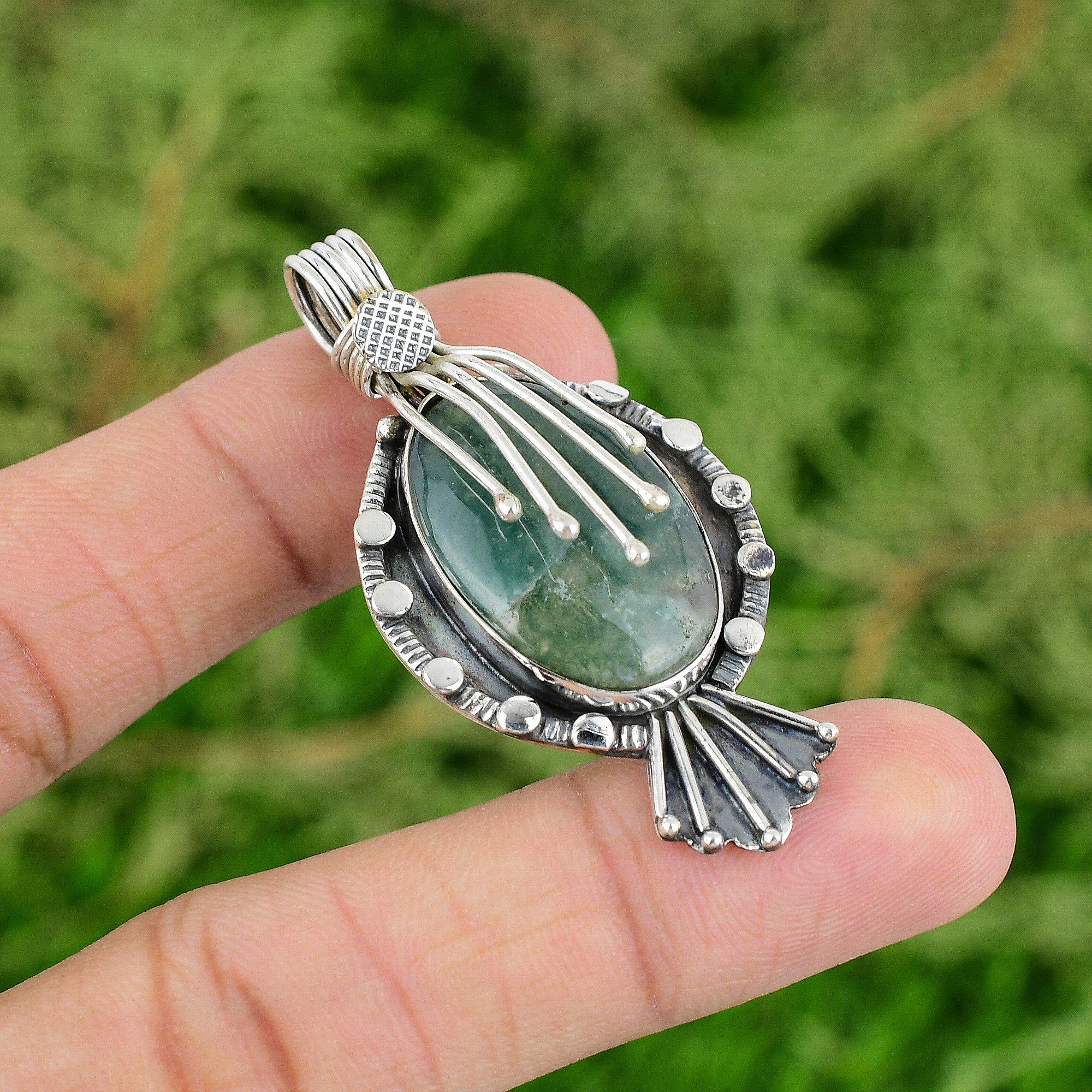 

День сестер Распродажа Серебро 925 пробы Овальный камень Моховой агат с солнечным эффектом Новый кулон Ювелирные изделия