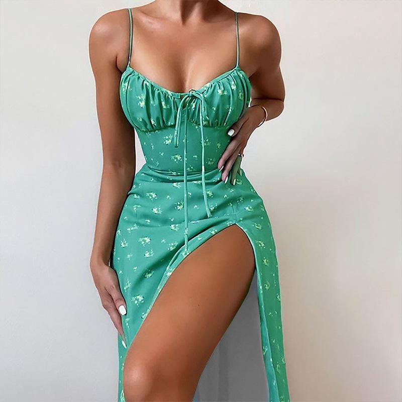 2025 Spring European and American Women's Sexy Print Lace-Up Slit Spaghetti Strap Dress