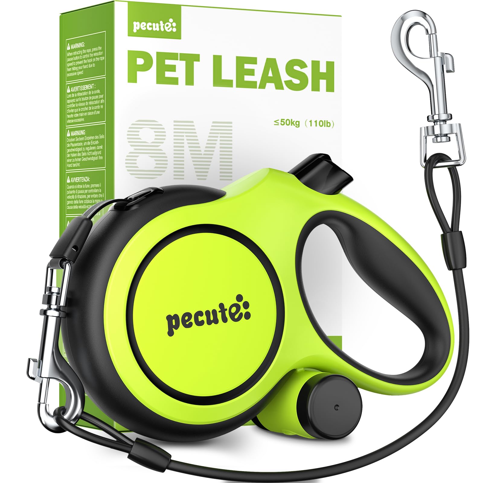 

Pecute Retractable Dog Smooth Strong Nylon Temporary Stop Suitable for and Large Includes Garbage 50kg Load 8m Length Leash, Retraction, Tape, зелений