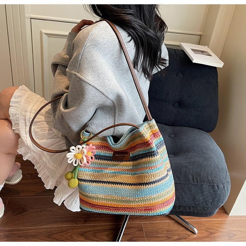 Fashionable Woven Straw Women'S Shoulder Bag Large Capacity Tote Bag Summer Holiday Style Polyester Material Bag