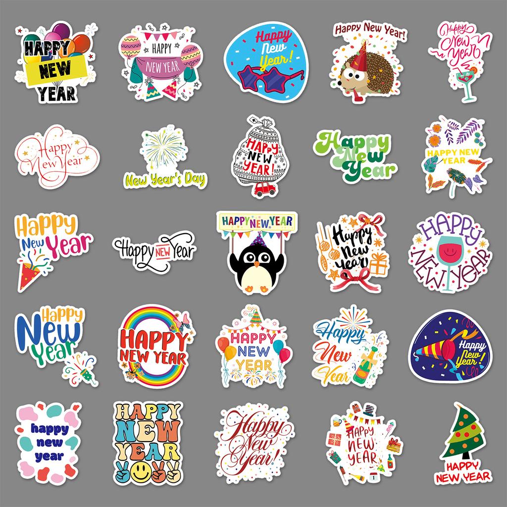 50 Happy New Year Doodle Decoration Festival English Stickers DIY Mobile Case Suitcase Stickers Waterproof